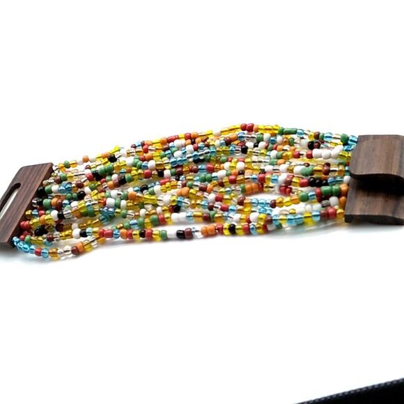 Glass Beaded Stretch Bracelet 14 Strand Wood Buckle Multi-colored - Picture 4 of 14
